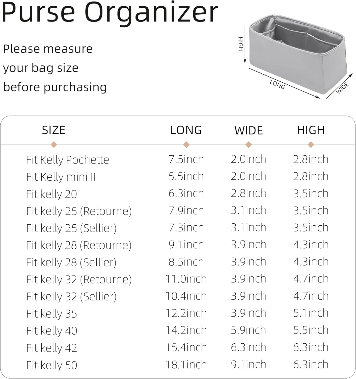 Purse Organizer for Mini Kelly 20/25/28/32/35/40/42/50,Silky Smooth Insert,Lightweight Bag in Bag,Luxury Handbag Storage Accessories(Kelly Pochette,Gris Meyer)