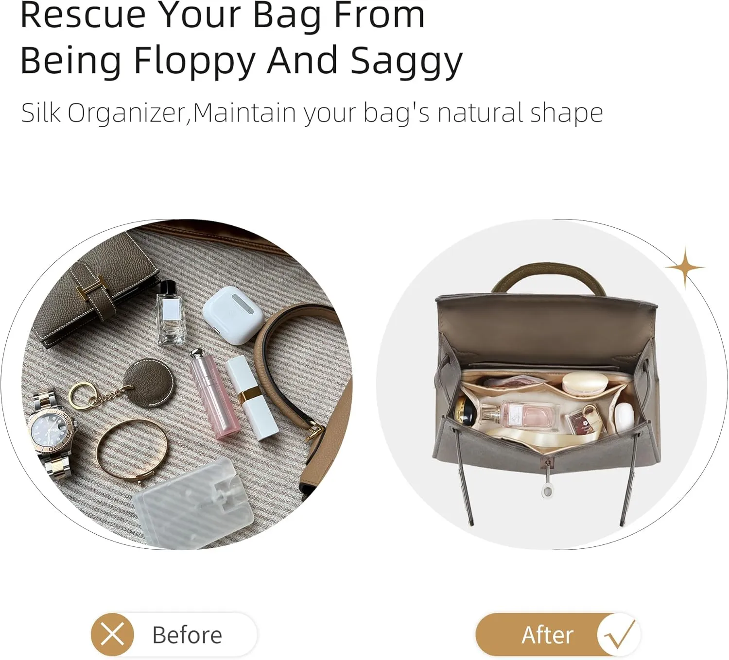 Purse Organizer for Mini Kelly 20/25/28/32/35/40/42/50,Silky Smooth Insert,Lightweight Bag in Bag,Luxury Handbag Storage Accessories(Kelly Pochette,Gris Meyer)