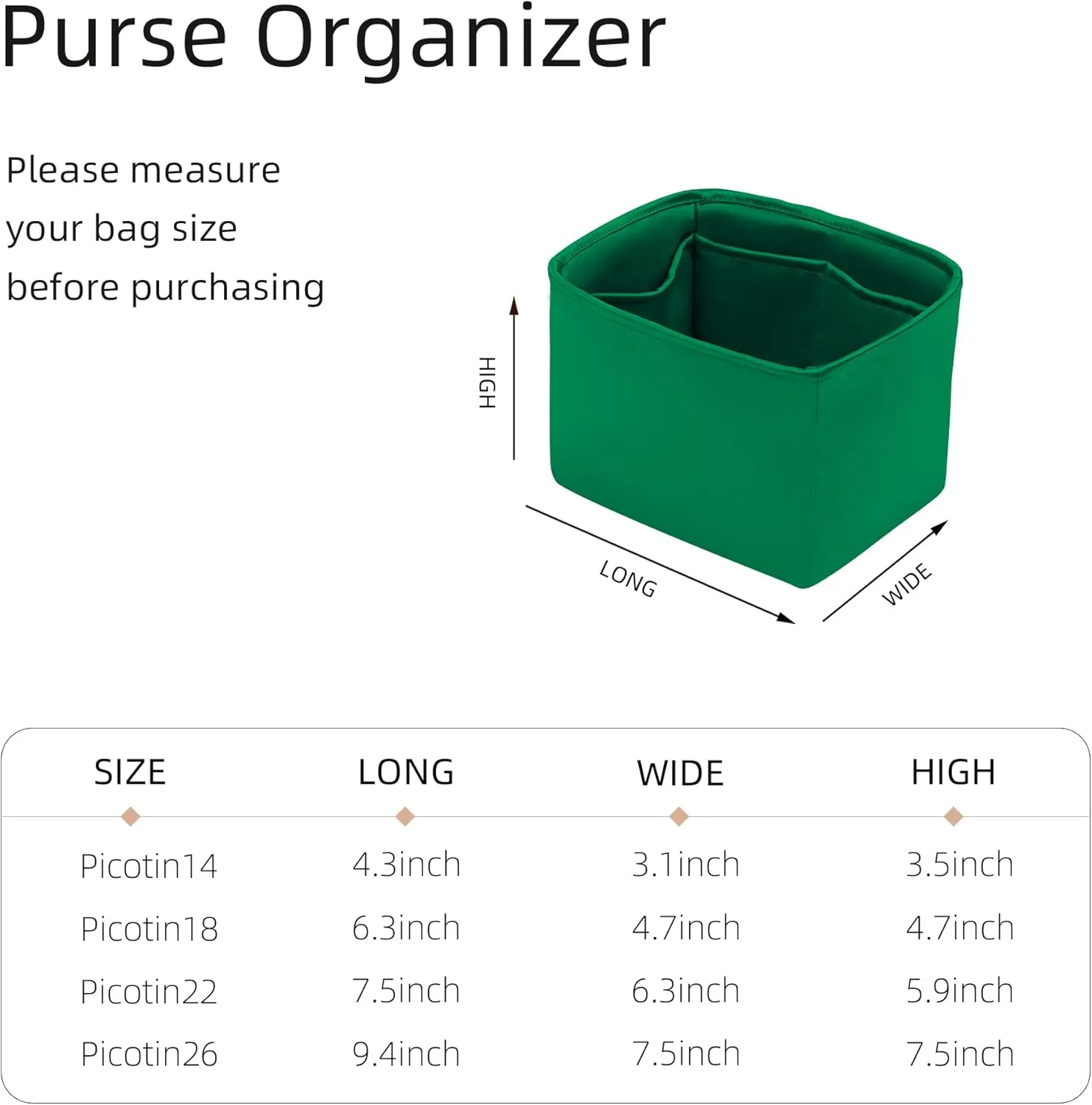 Purse Organizer for Picotin 18/22,Silky Smooth Insert,Lightweight Inside Bag,Luxury Handbag Storage(Picotin 14,Bambou)