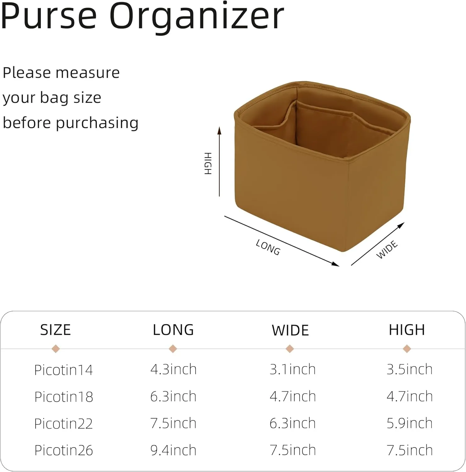Purse Organizer for Picotin 18/22,Silky Smooth Insert,Lightweight Inside Bag,Luxury Handbag Storage(Picotin 14,Biscuit)