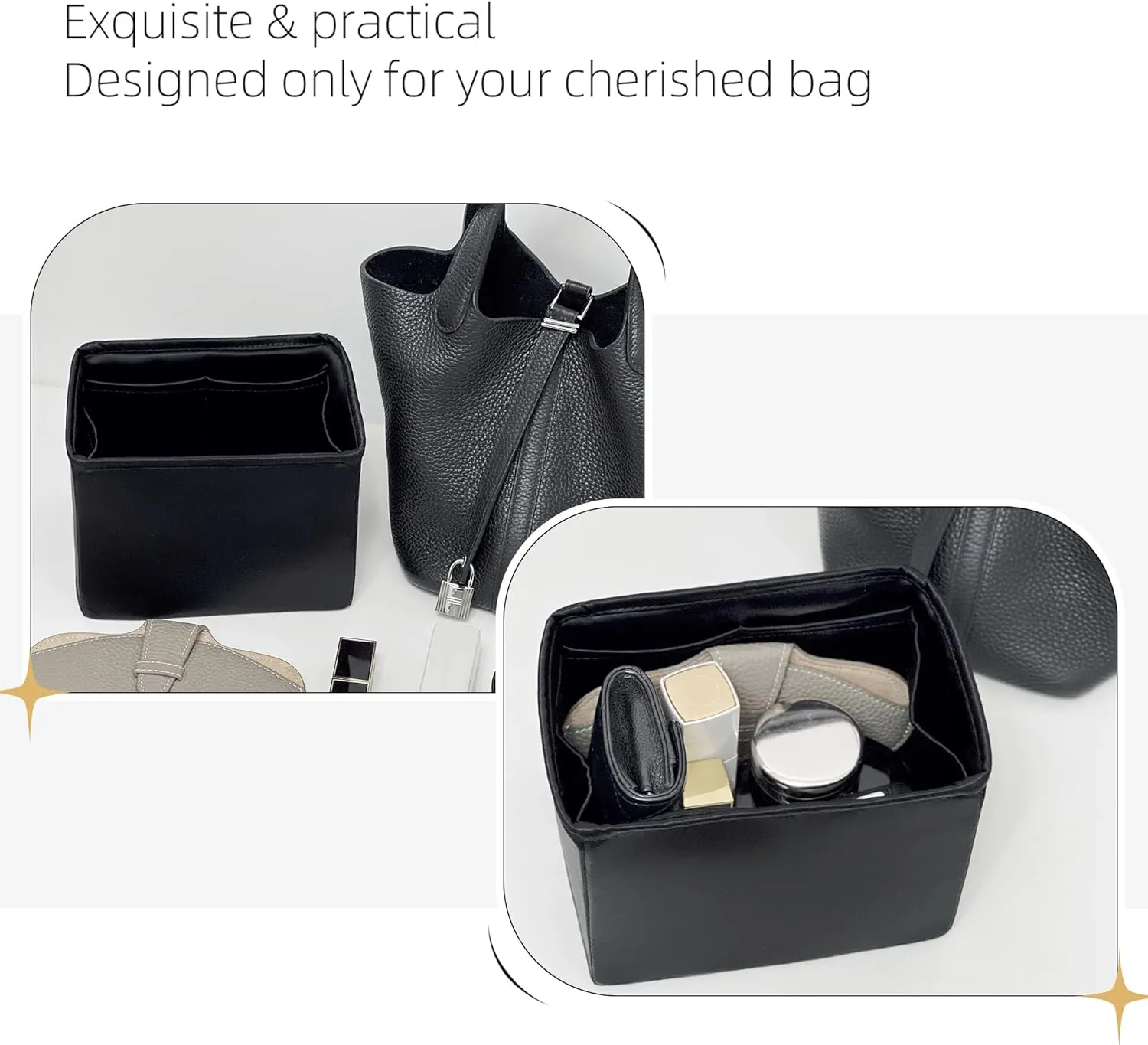 Purse Organizer for Picotin 18/22,Silky Smooth Insert,Lightweight Inside Bag,Luxury Handbag Storage(Picotin 14,Black)