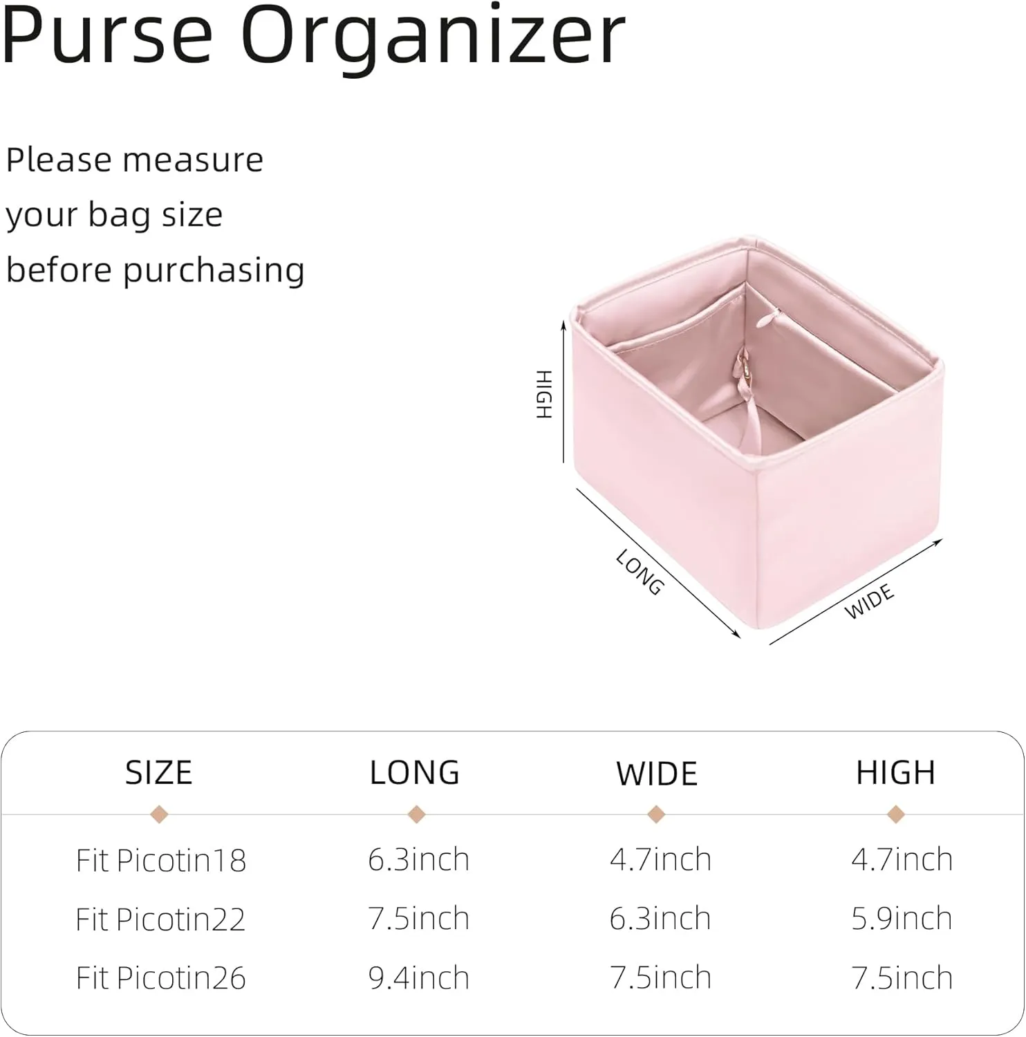 Purse Organizer for Picotin 18/22,Silky Smooth Insert,Lightweight Inside Bag,Luxury Handbag Storage(Picotin 18 with Zipper,Pink)