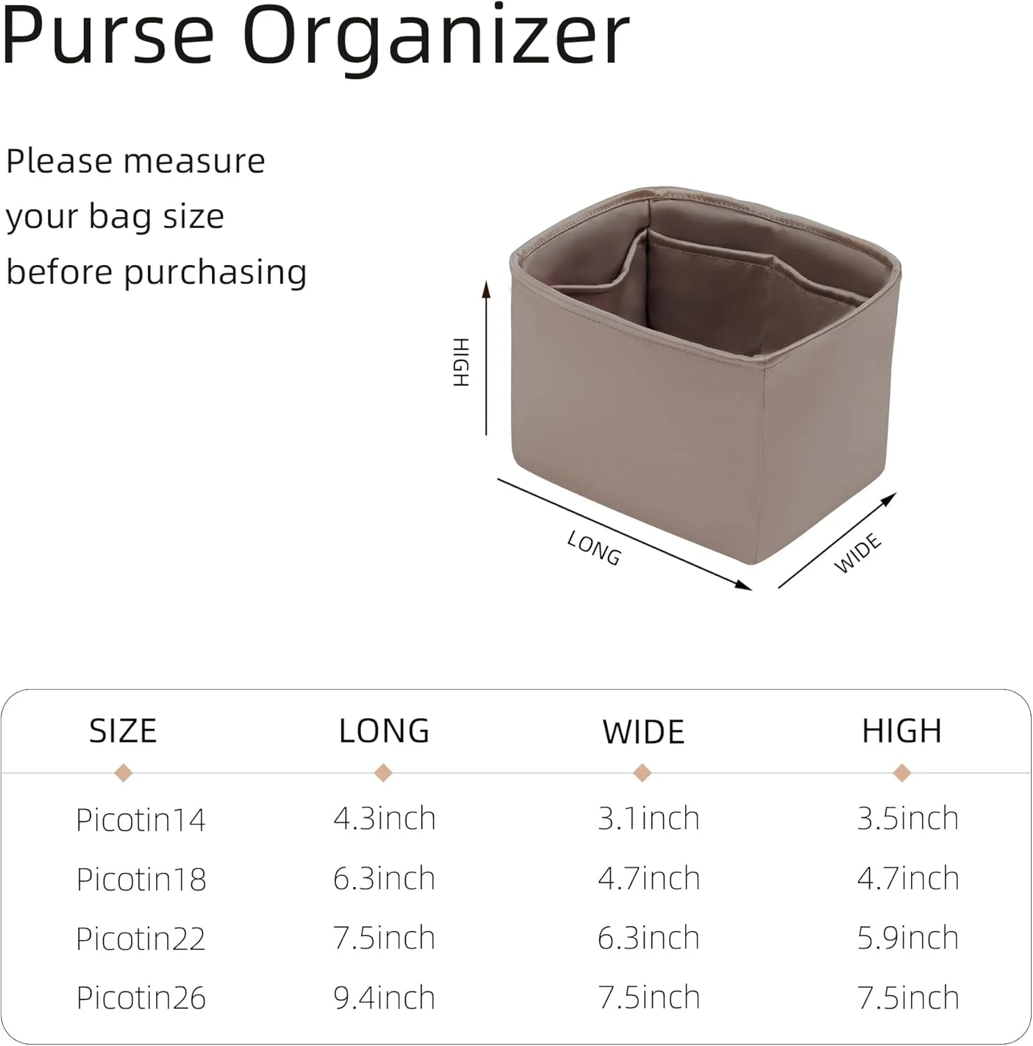 Purse Organizer for Picotin 18/22,Silky Smooth Insert,Lightweight Inside Bag,Luxury Handbag Storage(Picotin 18,Etoupe Grey)
