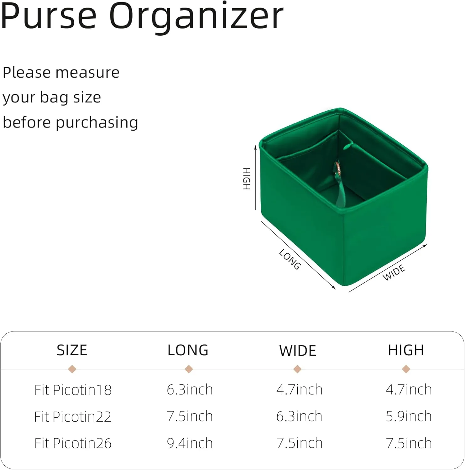 Purse Organizer for Picotin 18/22,Silky Smooth Insert,Lightweight Inside Bag,Luxury Handbag Storage(Picotin 22 with Zipper,Bambou)