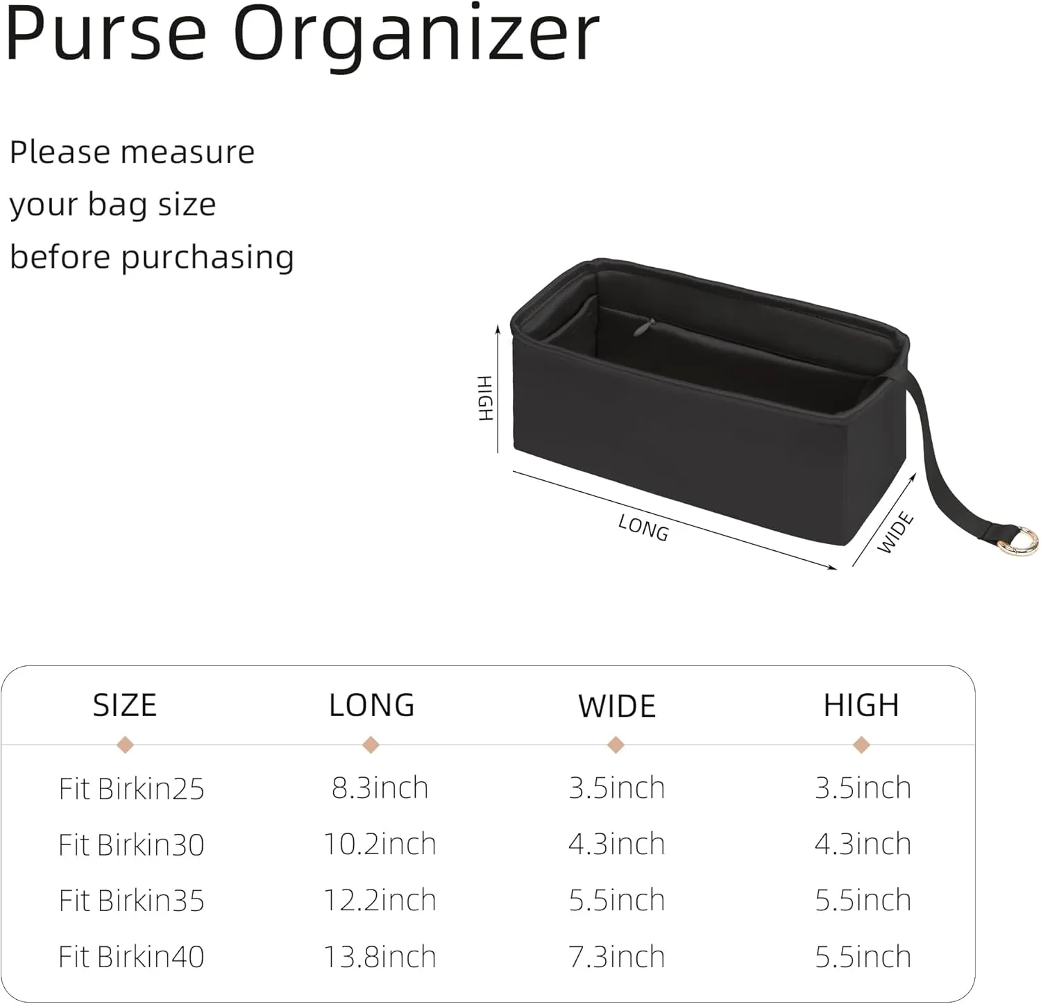 Purse Organizer with Zipper for Birkin 20/25/30/35/40,Silky Smooth Insert,Lightweight Bag in Bag,Luxury Handbag Storage Accessories(Birkin 25 with Zipper,Black)
