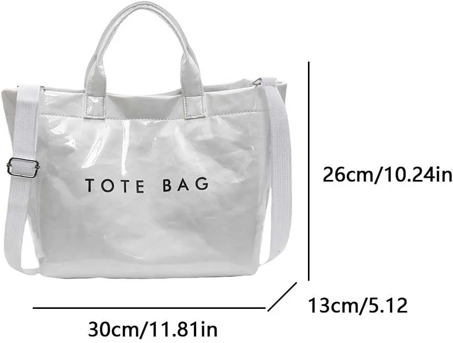 PVC Tote Bag for Women - Y2K Clear Top-handle Bag with Kraft Paper Letters Print, Clear Purses Handbag