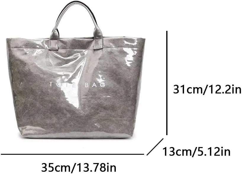 PVC Tote Bag Women's Letters Print Large Kraft Paper Carry All Bag Top Handle Clear Hobo Handbag Easy to Clean