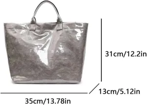 PVC Tote Bag Women's Letters Print Large Kraft Paper Carry All Bag Top Handle Clear Hobo Handbag Easy to Clean