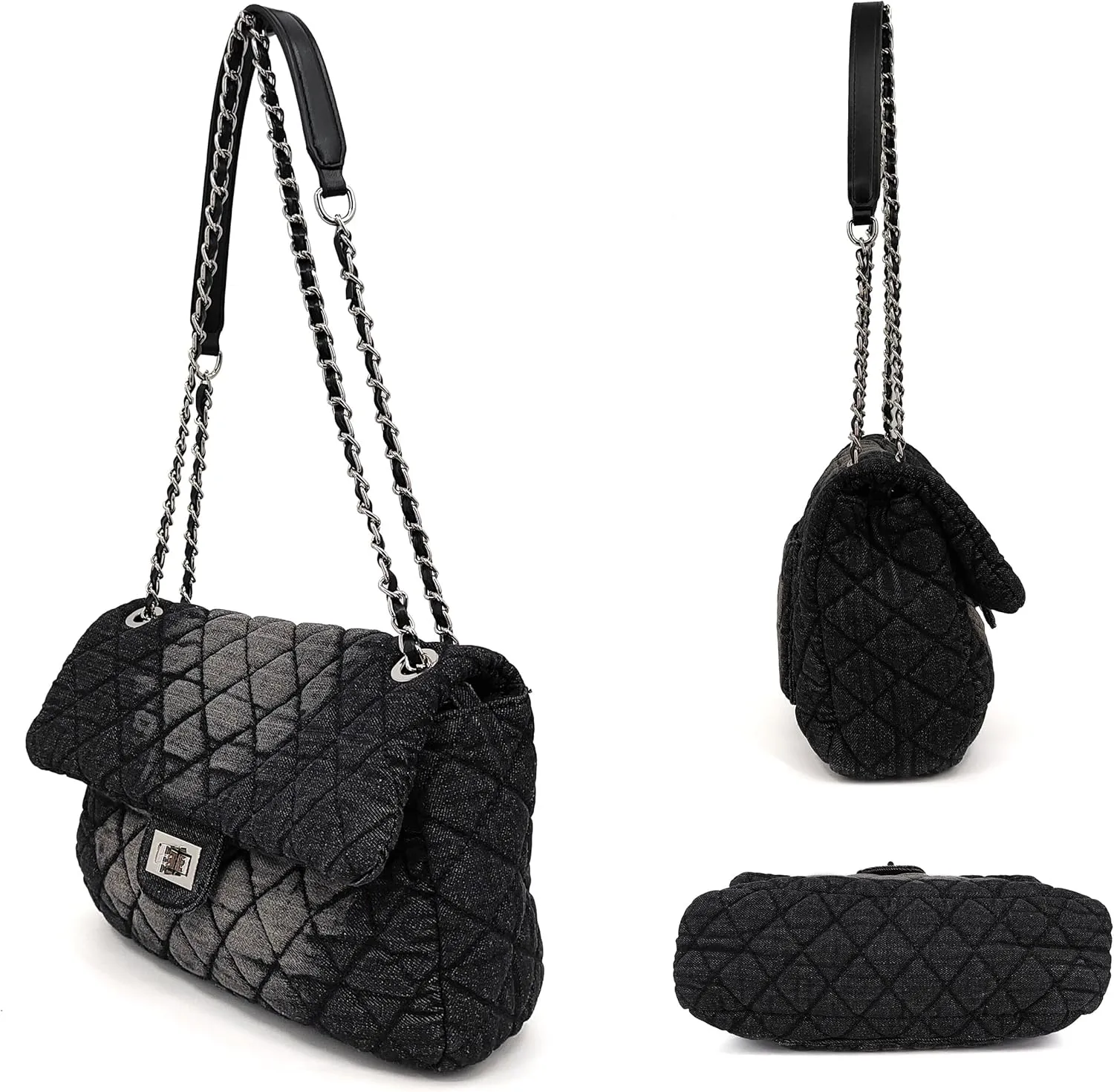 Quilted Denim Purse, Shoulder Bag for Women, Crossbody Flap Tote Bag, Silver Chain Trendy Hobo Bag, Vintage Washed Jean Purse