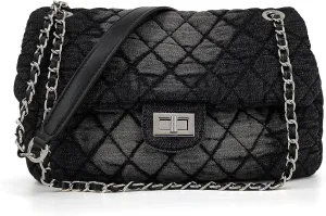 Quilted Denim Purse, Shoulder Bag for Women, Crossbody Flap Tote Bag, Silver Chain Trendy Hobo Bag, Vintage Washed Jean Purse