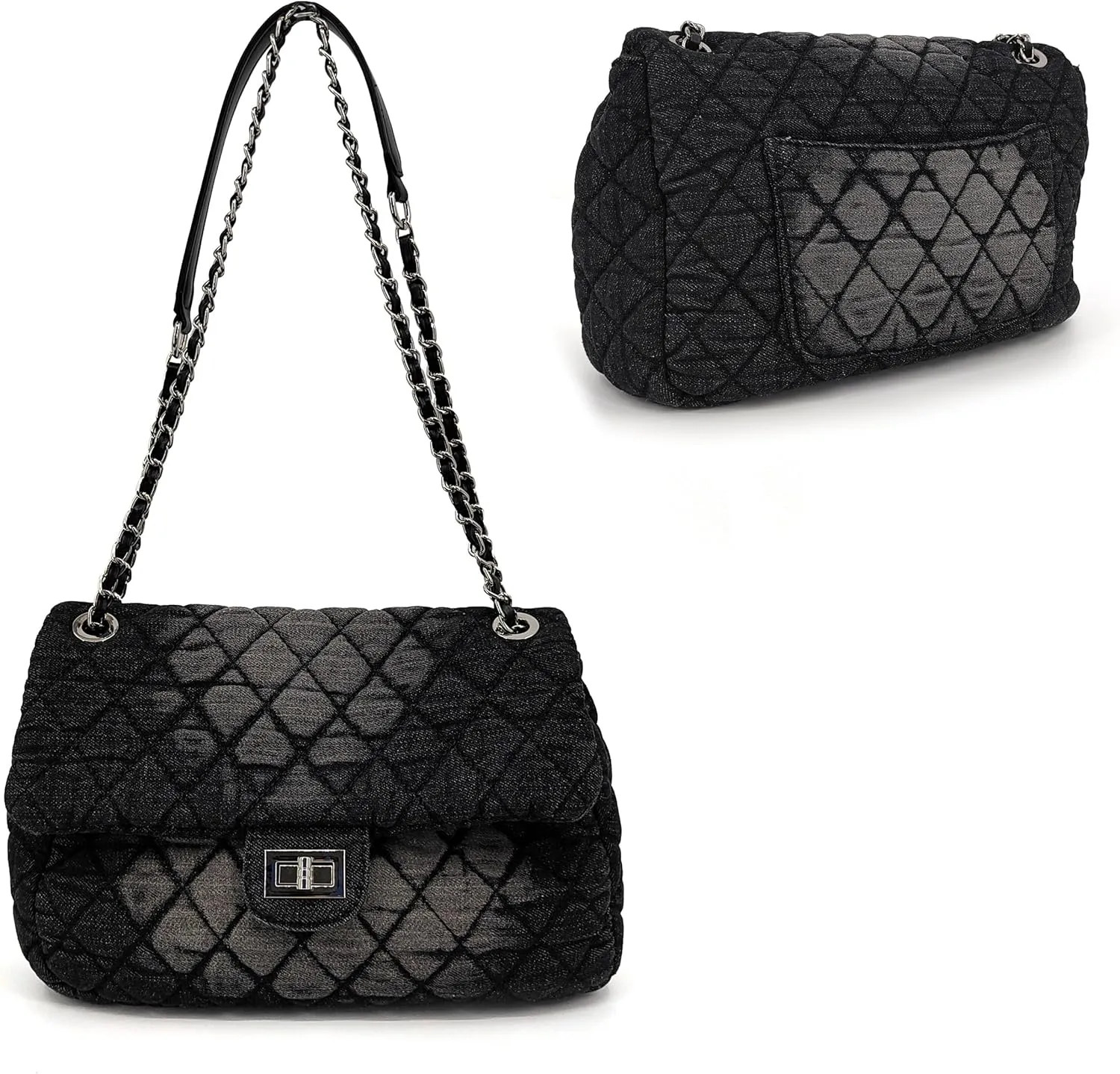 Quilted Denim Purse, Shoulder Bag for Women, Crossbody Flap Tote Bag, Silver Chain Trendy Hobo Bag, Vintage Washed Jean Purse