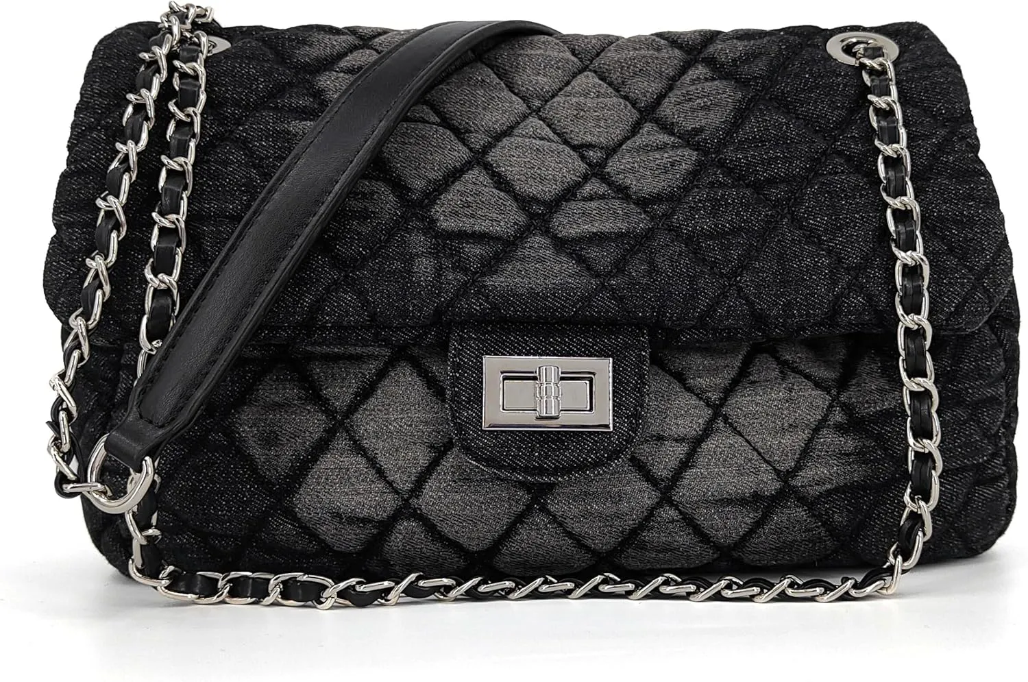 Quilted Denim Purse, Shoulder Bag for Women, Crossbody Flap Tote Bag, Silver Chain Trendy Hobo Bag, Vintage Washed Jean Purse