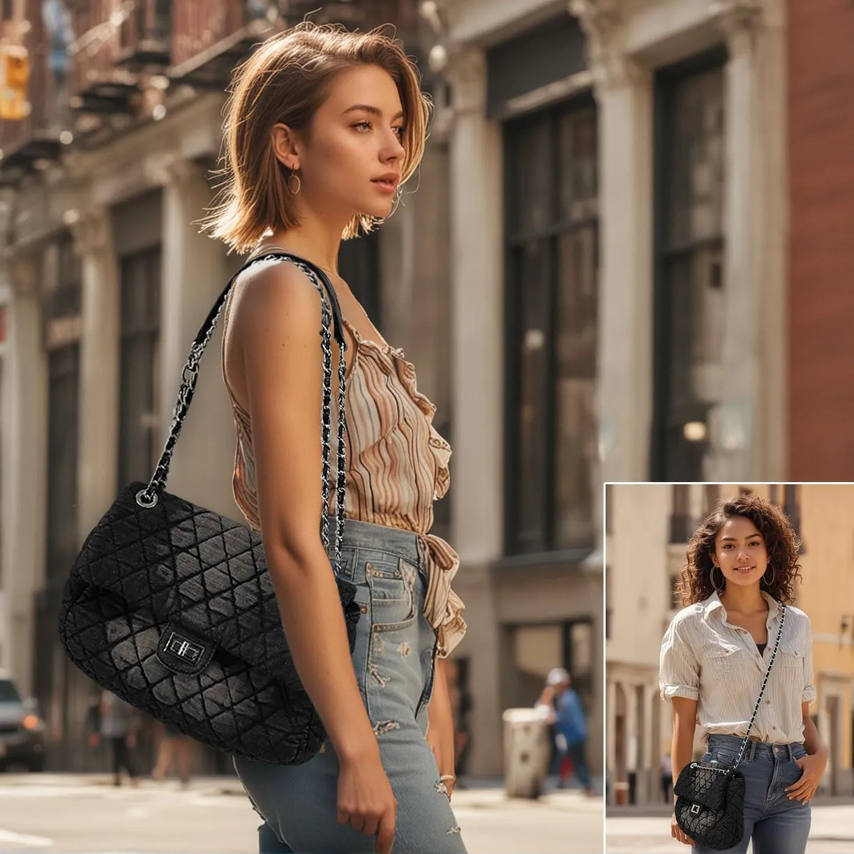 Quilted Denim Purse, Shoulder Bag for Women, Crossbody Flap Tote Bag, Silver Chain Trendy Hobo Bag, Vintage Washed Jean Purse