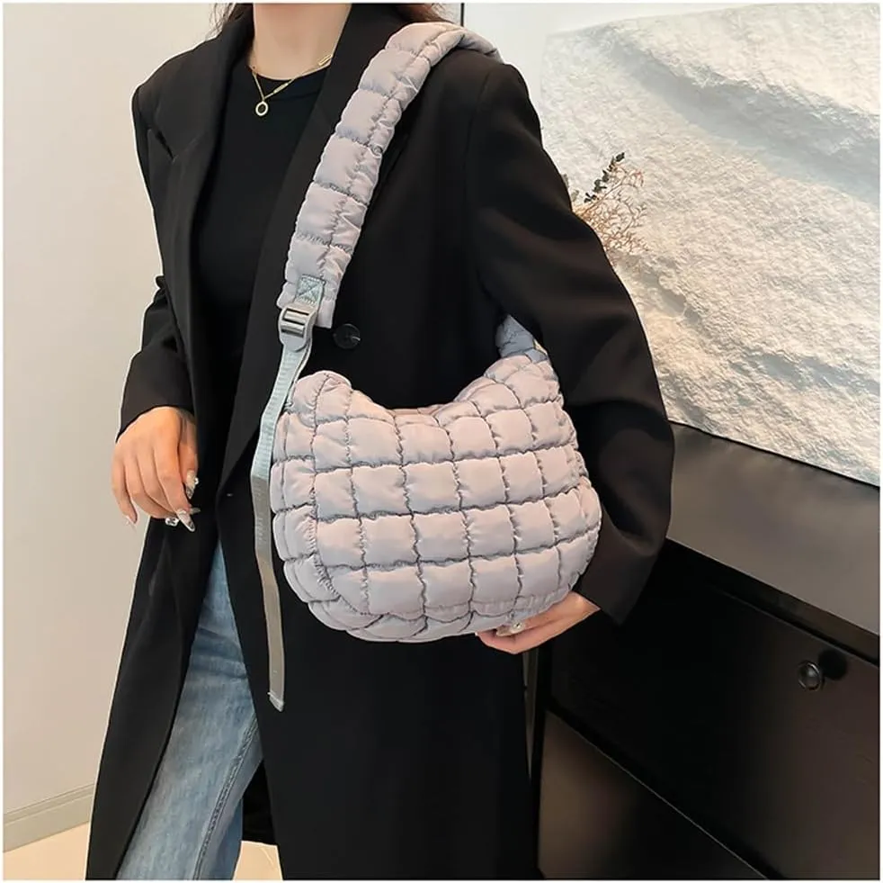 Quilted Puffer Crossbody Bag for Women, Lightweight Nylon Shoulder Bag with Adjustable Strap & Zippered Pockets, Medium