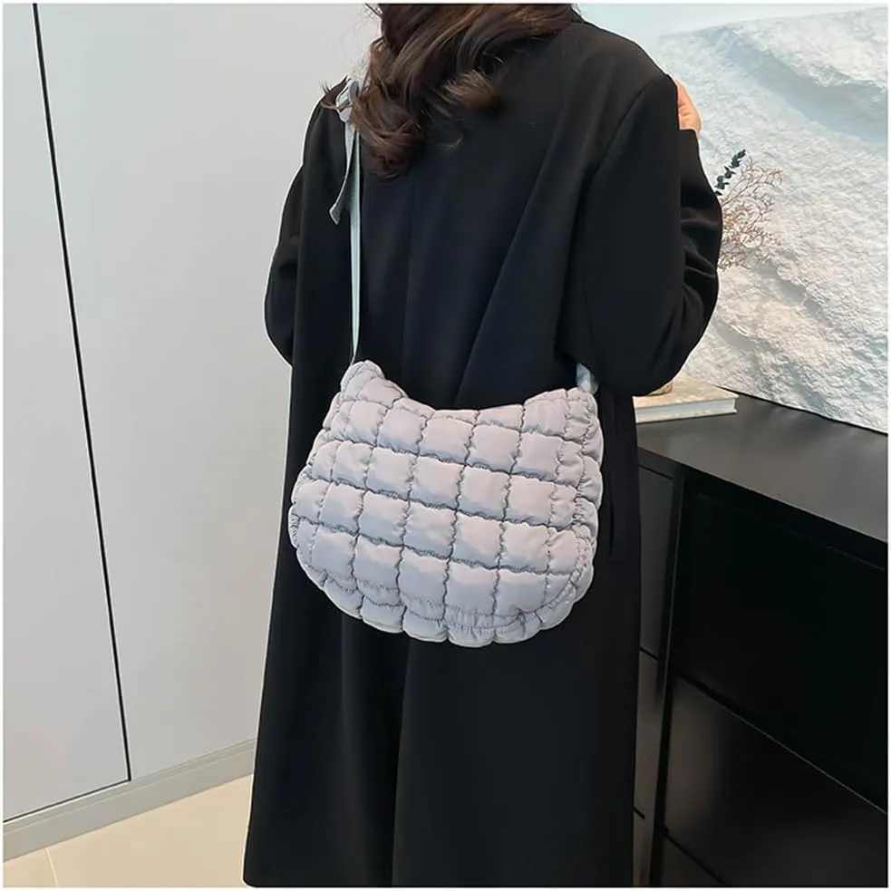 Quilted Puffer Crossbody Bag for Women, Lightweight Nylon Shoulder Bag with Adjustable Strap & Zippered Pockets, Medium