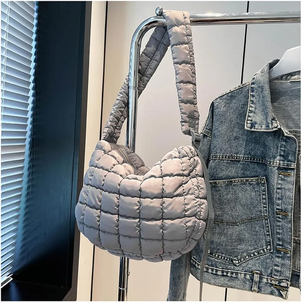 Quilted Puffer Crossbody Bag for Women, Lightweight Nylon Shoulder Bag with Adjustable Strap & Zippered Pockets, Medium