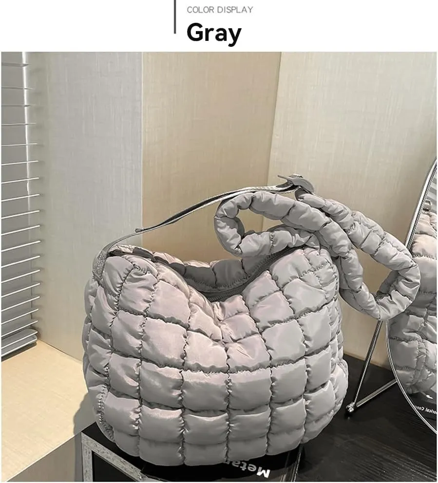 Quilted Puffer Crossbody Bag for Women, Lightweight Nylon Shoulder Bag with Adjustable Strap & Zippered Pockets, Medium
