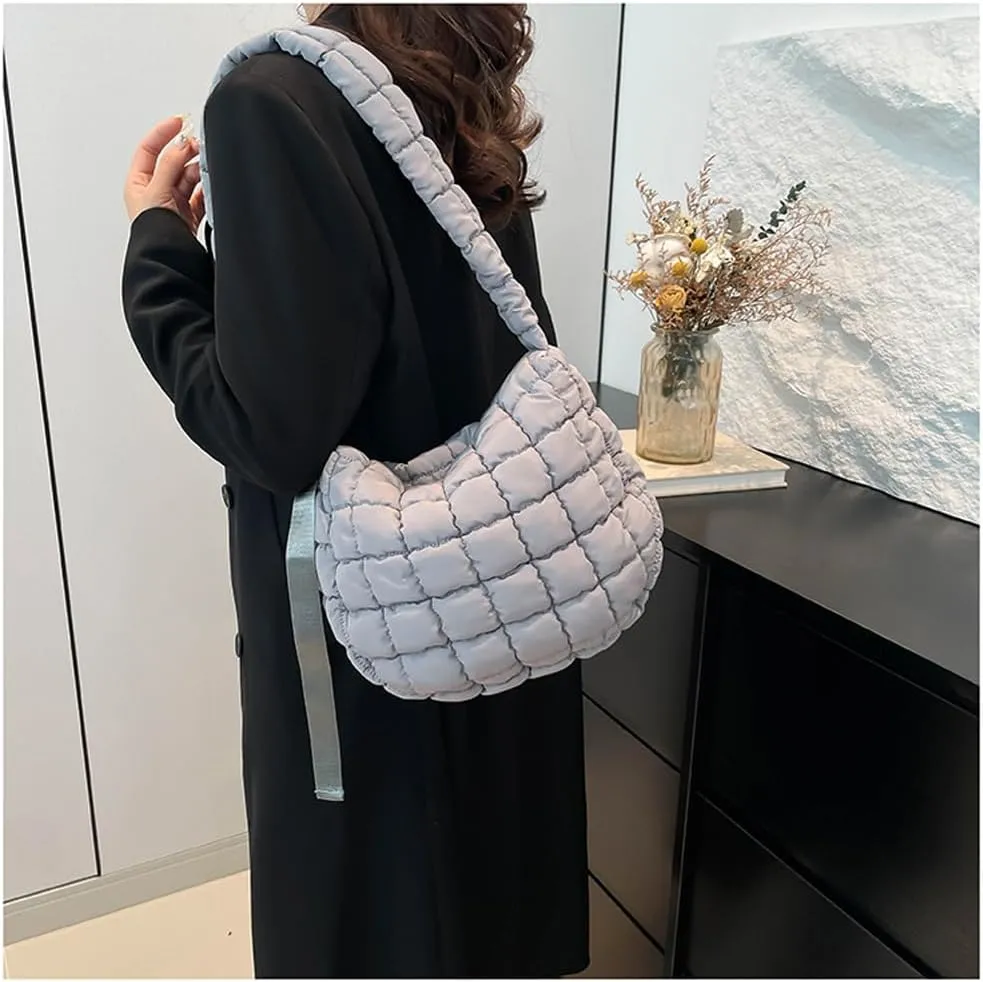 Quilted Puffer Crossbody Bag for Women, Lightweight Nylon Shoulder Bag with Adjustable Strap & Zippered Pockets, Medium