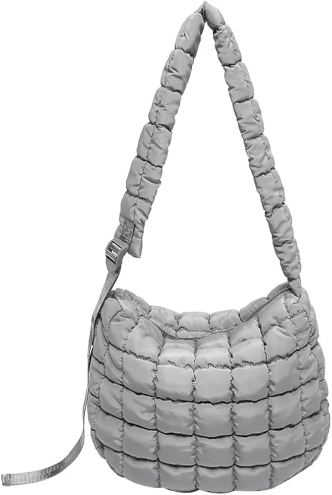 Quilted Puffer Crossbody Bag for Women, Lightweight Nylon Shoulder Bag with Adjustable Strap & Zippered Pockets, Medium