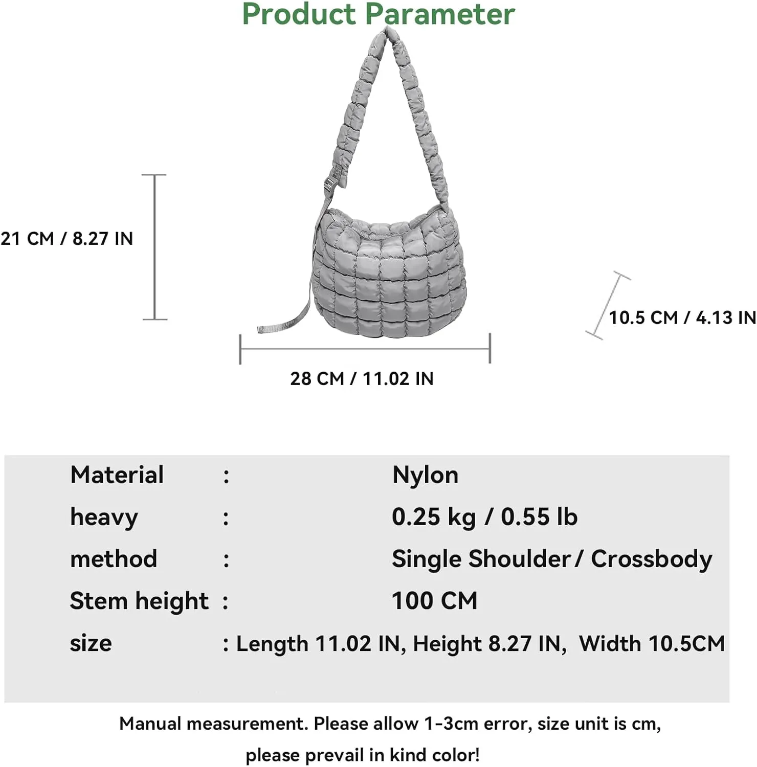 Quilted Puffer Crossbody Bag for Women, Lightweight Nylon Shoulder Bag with Adjustable Strap & Zippered Pockets, Medium