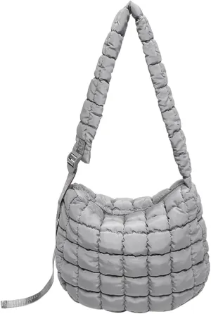 Quilted Puffer Crossbody Bag for Women, Lightweight Nylon Shoulder Bag with Adjustable Strap & Zippered Pockets, Medium
