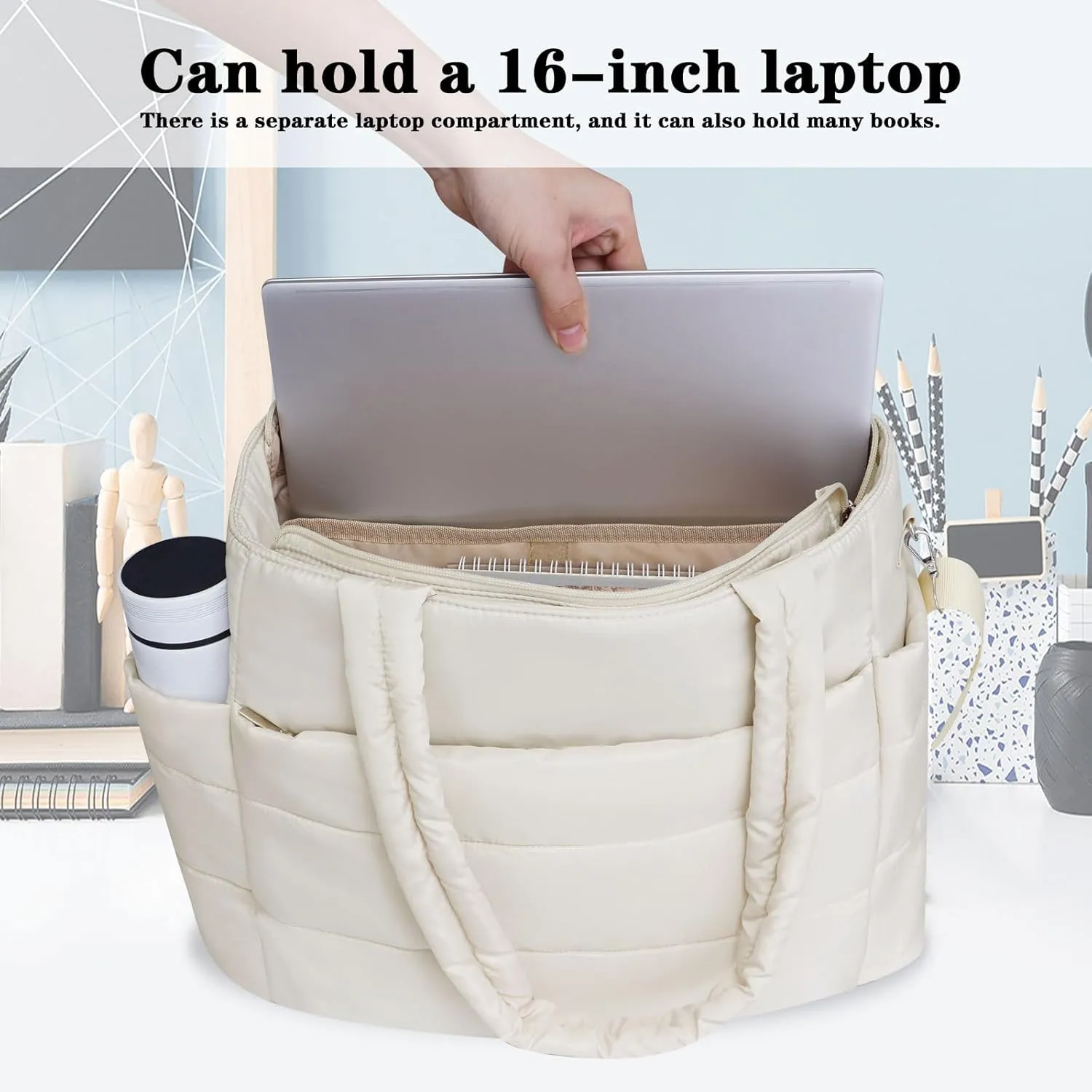 Quilted Tote Bag, Large Carryall Shoulder Hobo Bag, Lightweight Puffer Design