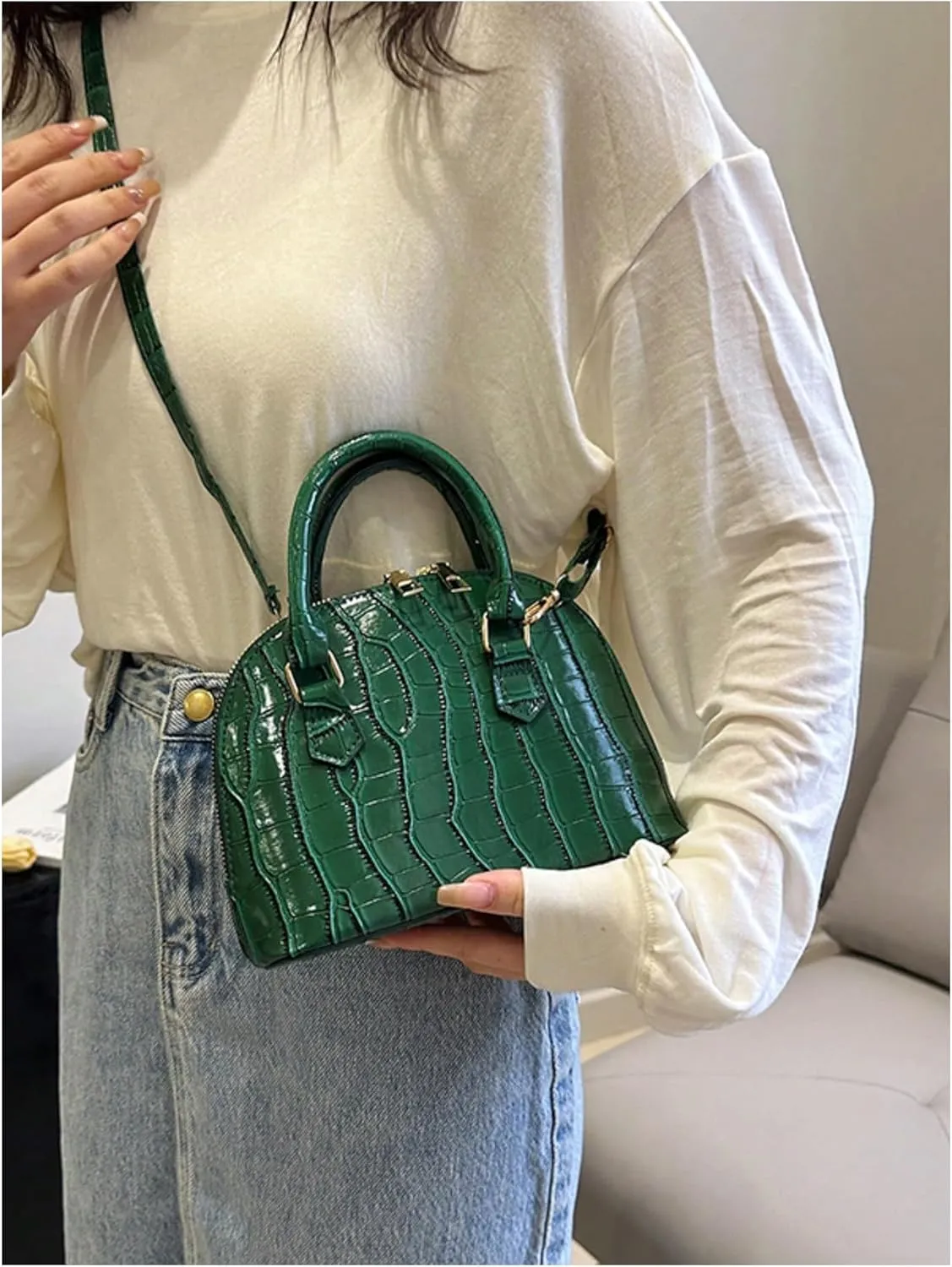 QWINEE Women's Textured Crossbody Leather Shoulder Bag Top Handle Mini Satchel Handbags Vintage Purse