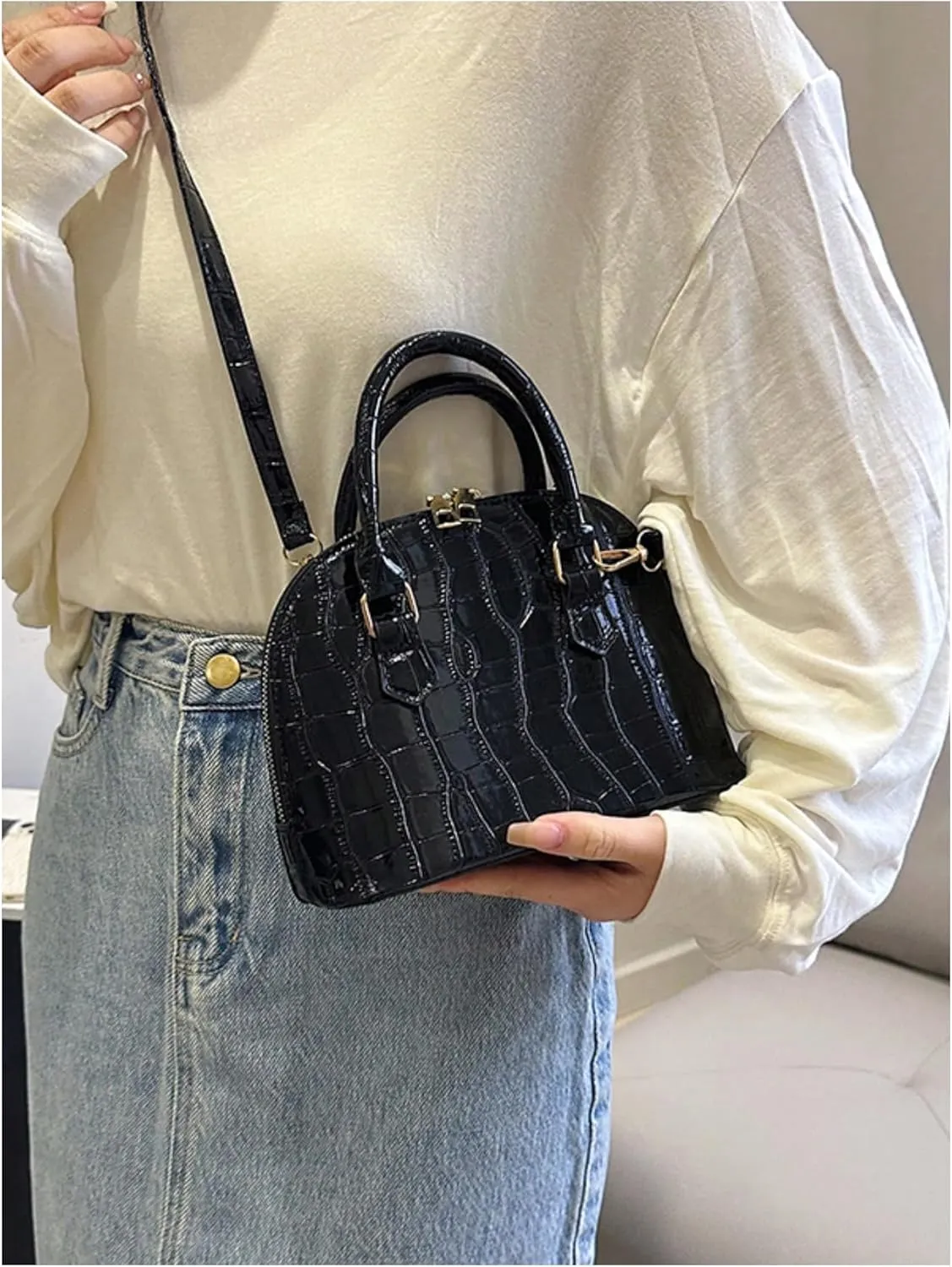 QWINEE Women's Textured Crossbody Leather Shoulder Bag Top Handle Mini Satchel Handbags Vintage Purse