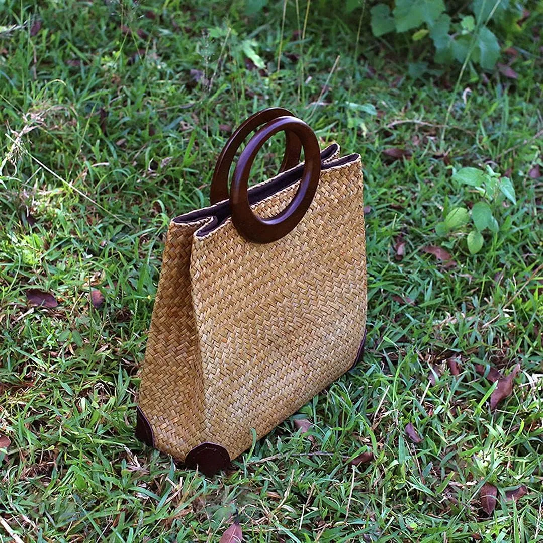 QZUnique Hand-woven Straw Bag Women Summer Beach Handbag Purse Retro Rattan Tote Clutch Travel Bag with Wood Round Top Handle