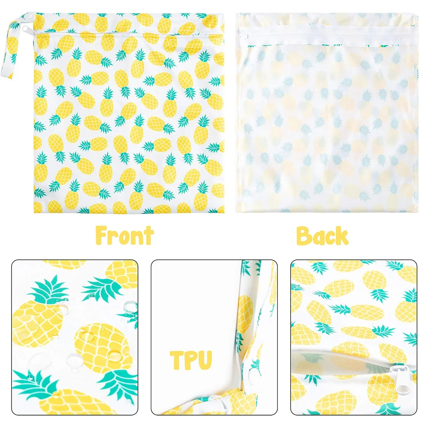 R HORSE 5Pcs Waterproof Reusable Diaper Baby Cloth Wet Dry Bags with 2 Zippered Pockets Summer Travel Beach Pool Bag with Pineapple Flamingo Cactus Pattern(3 Sizes)