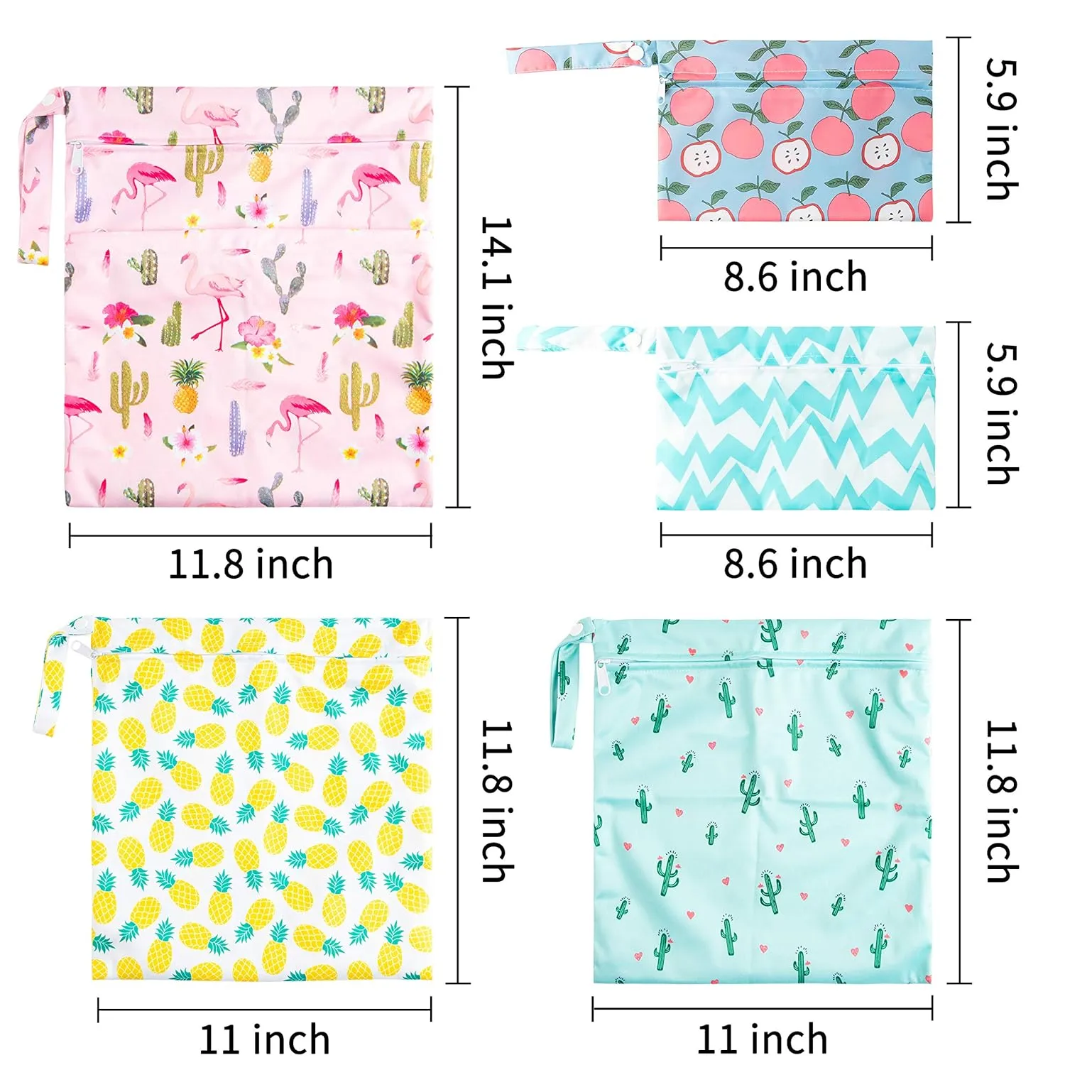 R HORSE 5Pcs Waterproof Reusable Diaper Baby Cloth Wet Dry Bags with 2 Zippered Pockets Summer Travel Beach Pool Bag with Pineapple Flamingo Cactus Pattern(3 Sizes)