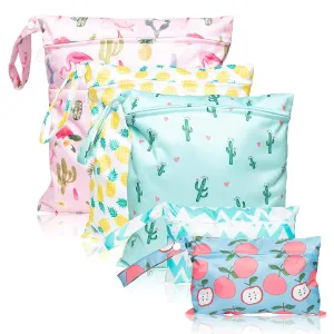 R HORSE 5Pcs Waterproof Reusable Diaper Baby Cloth Wet Dry Bags with 2 Zippered Pockets Summer Travel Beach Pool Bag with Pineapple Flamingo Cactus Pattern(3 Sizes)