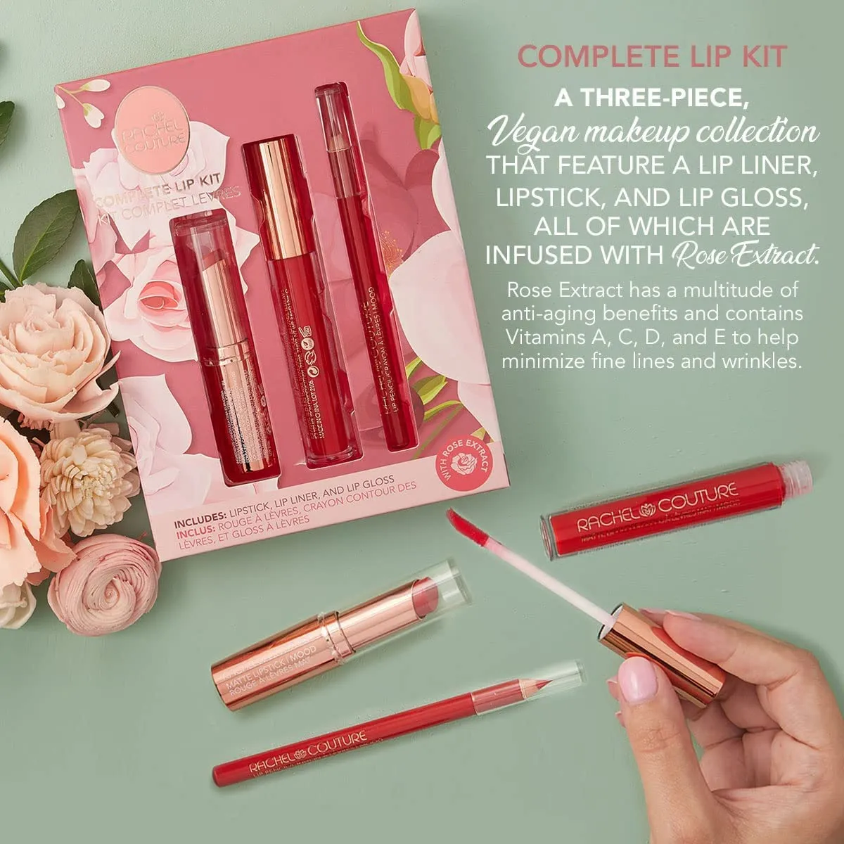 Rachel Couture Complete Lip Kit | Includes Lipstick, Liner & Gloss | Vegan & Cruelty Free | Infused With Rose Extract - Mood
