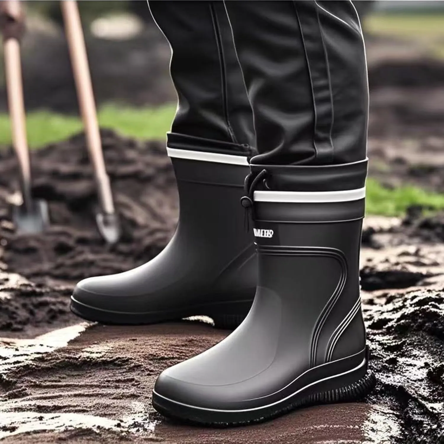 Rain Boots for Men Waterproof Mens Mid-Calf with PVC Rubber Boots Mens Mud Boots, Garden Boots Comfort Lightweight Gardening Fishing Shoes for Yard Farm Outdoor Work