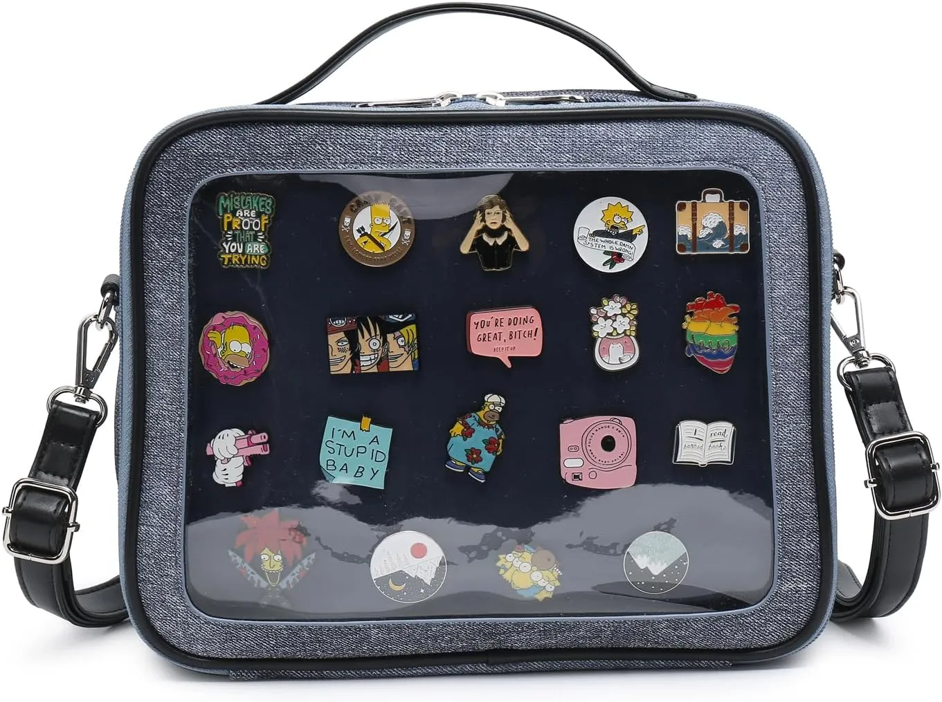 RAINBOW SMILE Ita Backpack Crossbody Bag - Kawaii Pin Display Denim PU Messenger Shoulder Bag