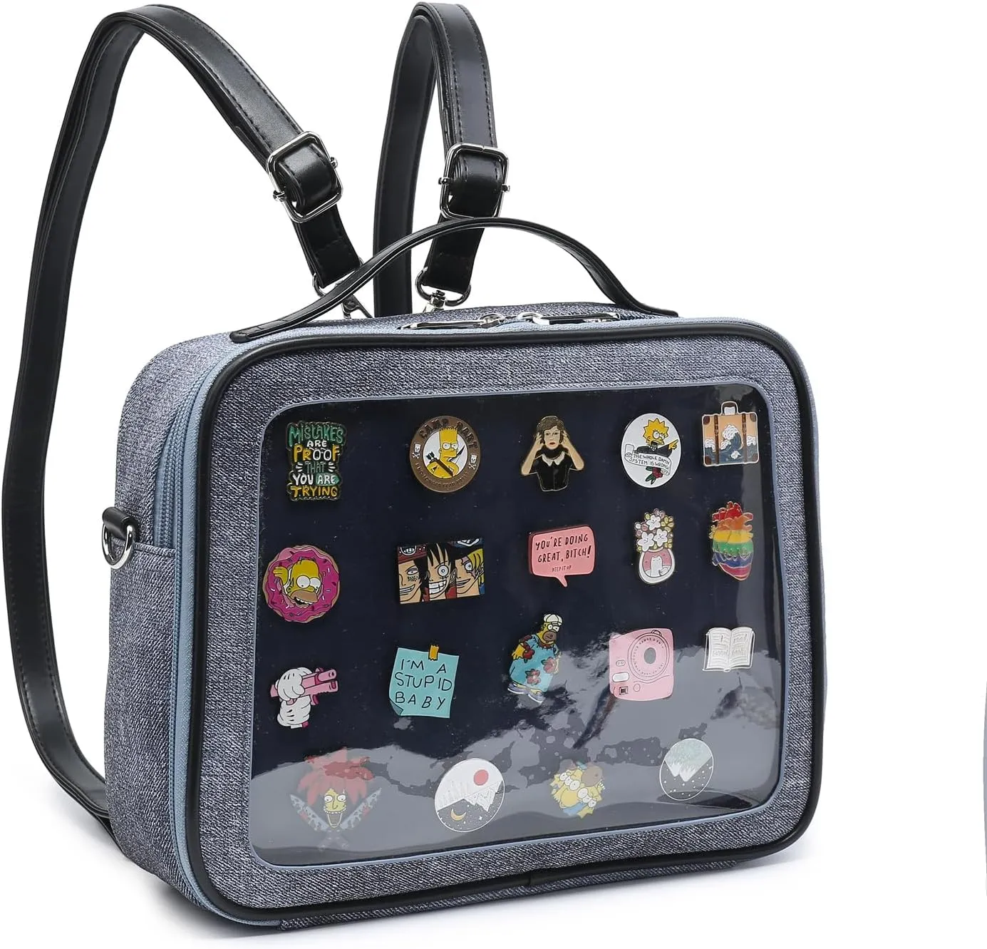 RAINBOW SMILE Ita Backpack Crossbody Bag - Kawaii Pin Display Denim PU Messenger Shoulder Bag