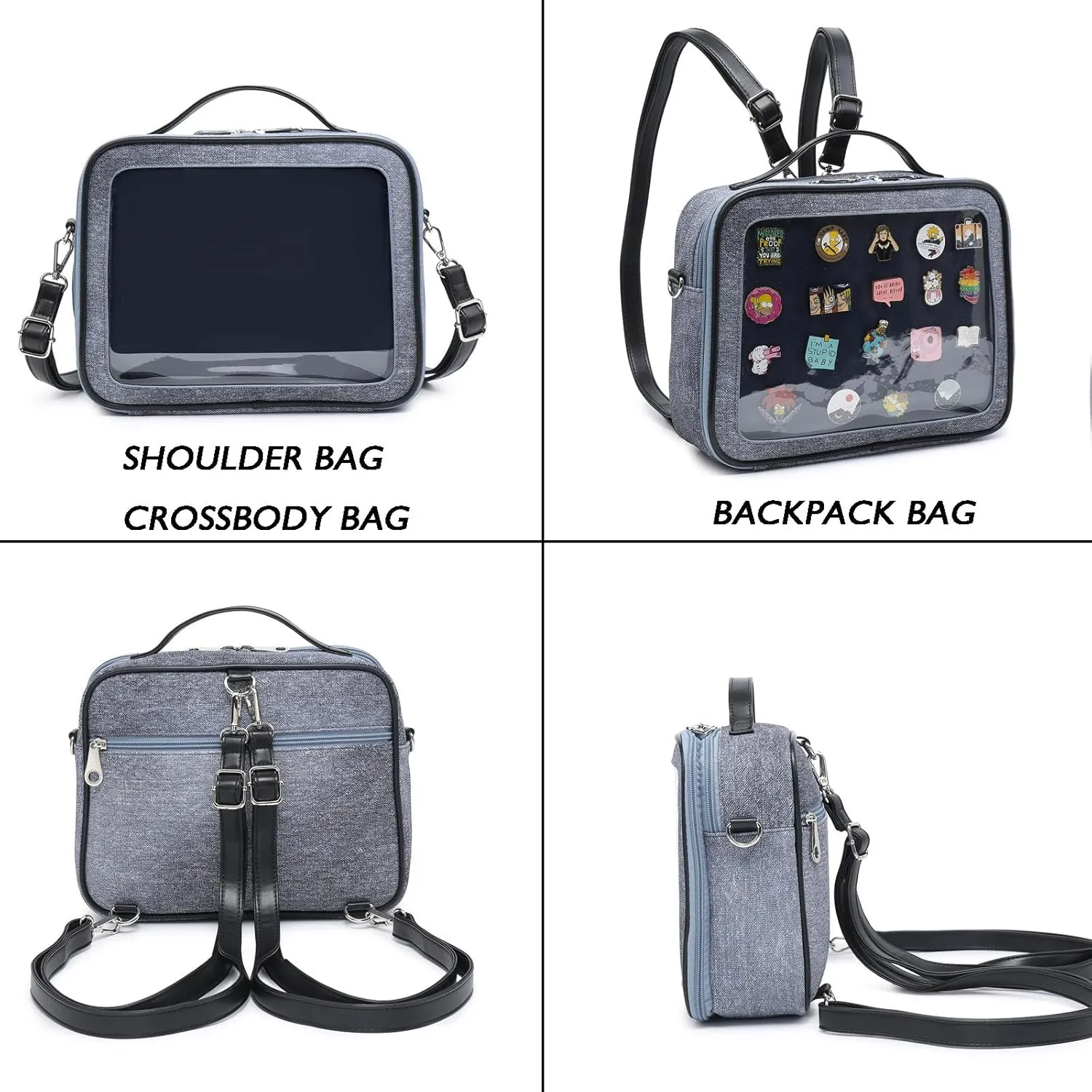 RAINBOW SMILE Ita Backpack Crossbody Bag - Kawaii Pin Display Denim PU Messenger Shoulder Bag