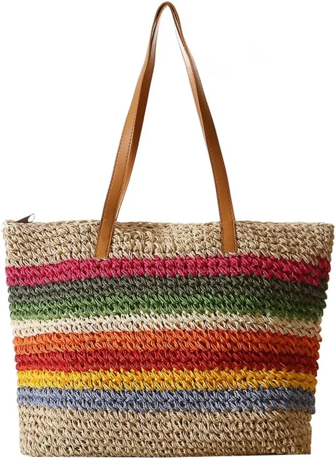Rainbow Straw Bag for Women Contrast Striped Straw Shoulder Bag Beach Tote Bag Summer Straw Hobo Handbag 2024 Straw Purse