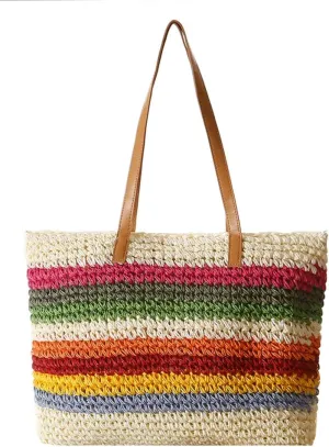 Rainbow Straw Bag for Women Contrast Striped Straw Shoulder Bag Beach Tote Bag Summer Straw Hobo Handbag 2024 Straw Purse