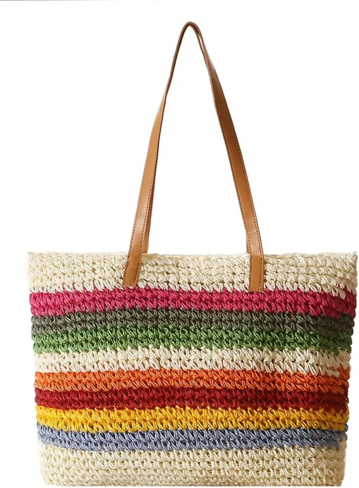 Rainbow Straw Bag for Women Contrast Striped Straw Shoulder Bag Beach Tote Bag Summer Straw Hobo Handbag 2024 Straw Purse