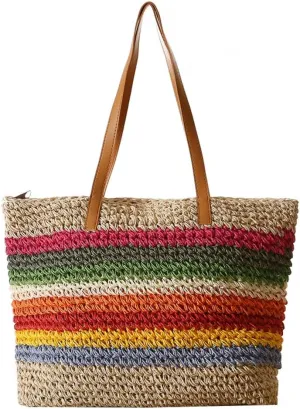 Rainbow Straw Bag for Women Contrast Striped Straw Shoulder Bag Beach Tote Bag Summer Straw Hobo Handbag 2024 Straw Purse