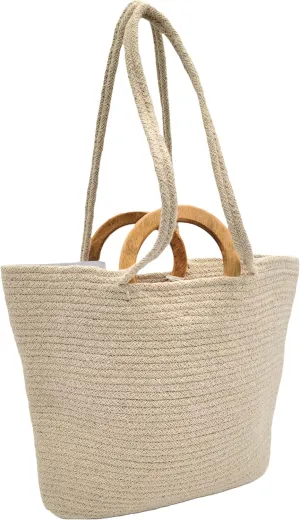 Recycled Cotton Handloom Basket Bag with Wooden Handle for Women - Chic Shoulder Fabric Tote Handbag - Handmade Boho Hippie Style