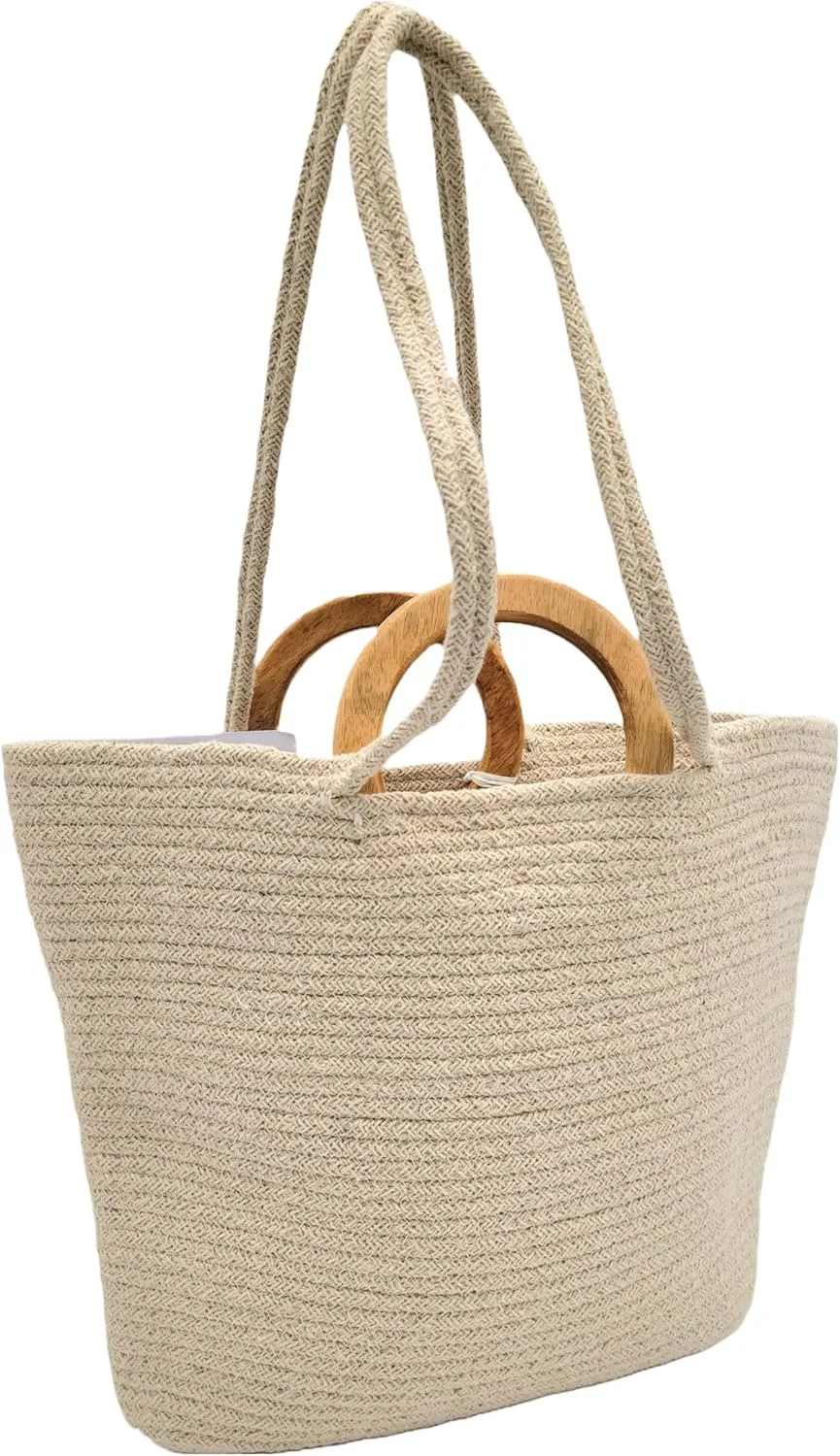 Recycled Cotton Handloom Basket Bag with Wooden Handle for Women - Chic Shoulder Fabric Tote Handbag - Handmade Boho Hippie Style