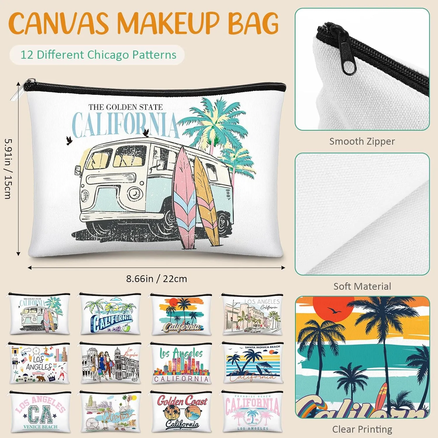 Reginary 12 Pcs City Souvenir Gifts Texas State Gifts Chicago City Souvenirs California Makeup Bag Zippered Bag Cosmetic Bag for Women Traveler Souvenirs