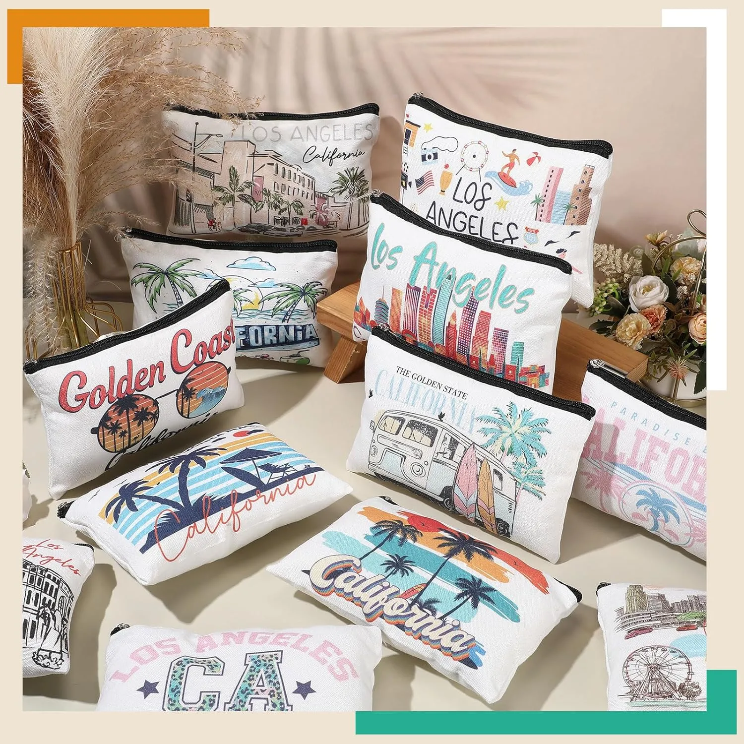 Reginary 12 Pcs City Souvenir Gifts Texas State Gifts Chicago City Souvenirs California Makeup Bag Zippered Bag Cosmetic Bag for Women Traveler Souvenirs