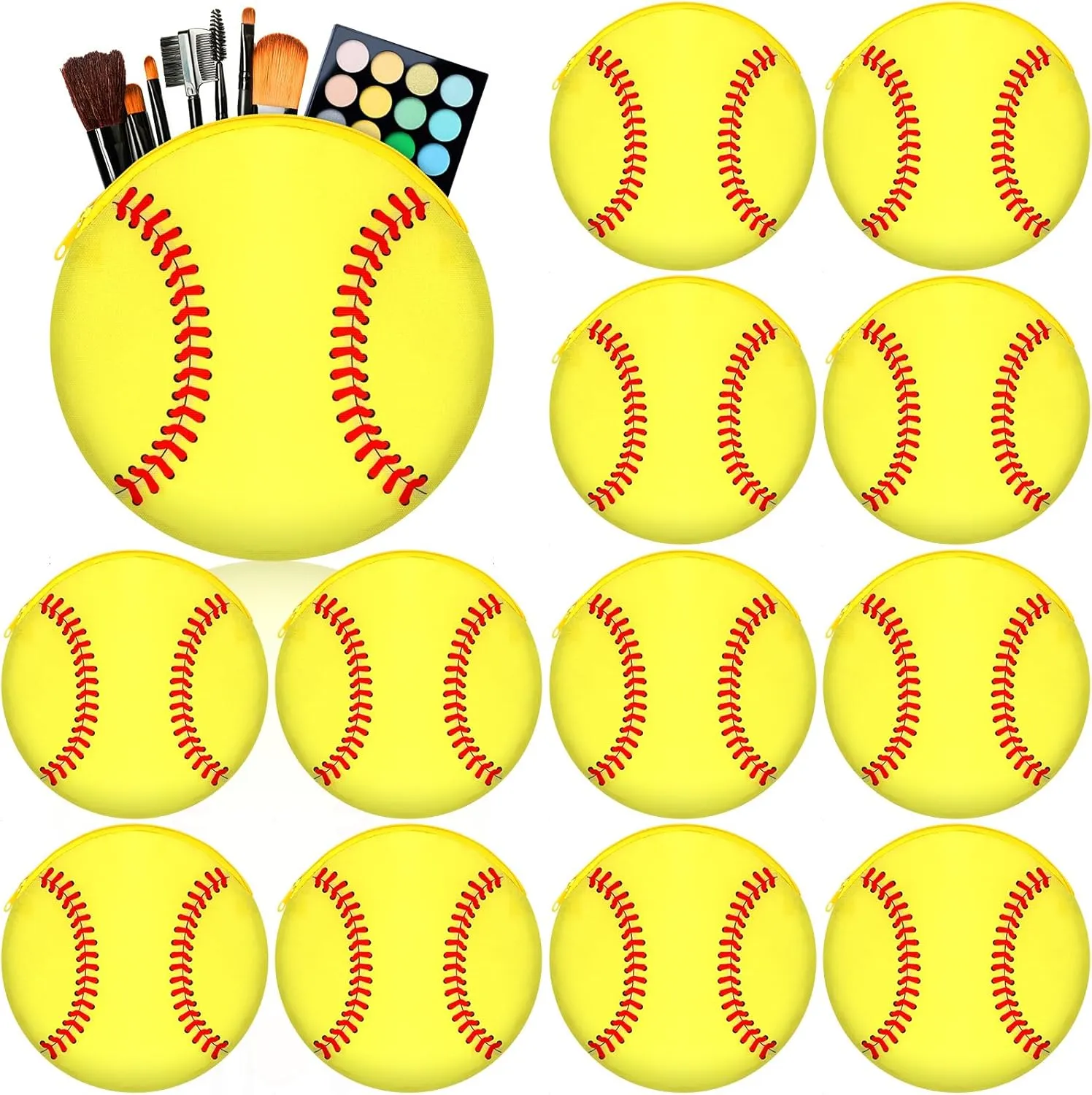Reginary 12 Pcs Softball Makeup Bags Team Gift Round Sport Cosmetic Bags Canvas Softball Pouch Portable Makeup Pouch Travel Organizer for Women Men Team Player Travel