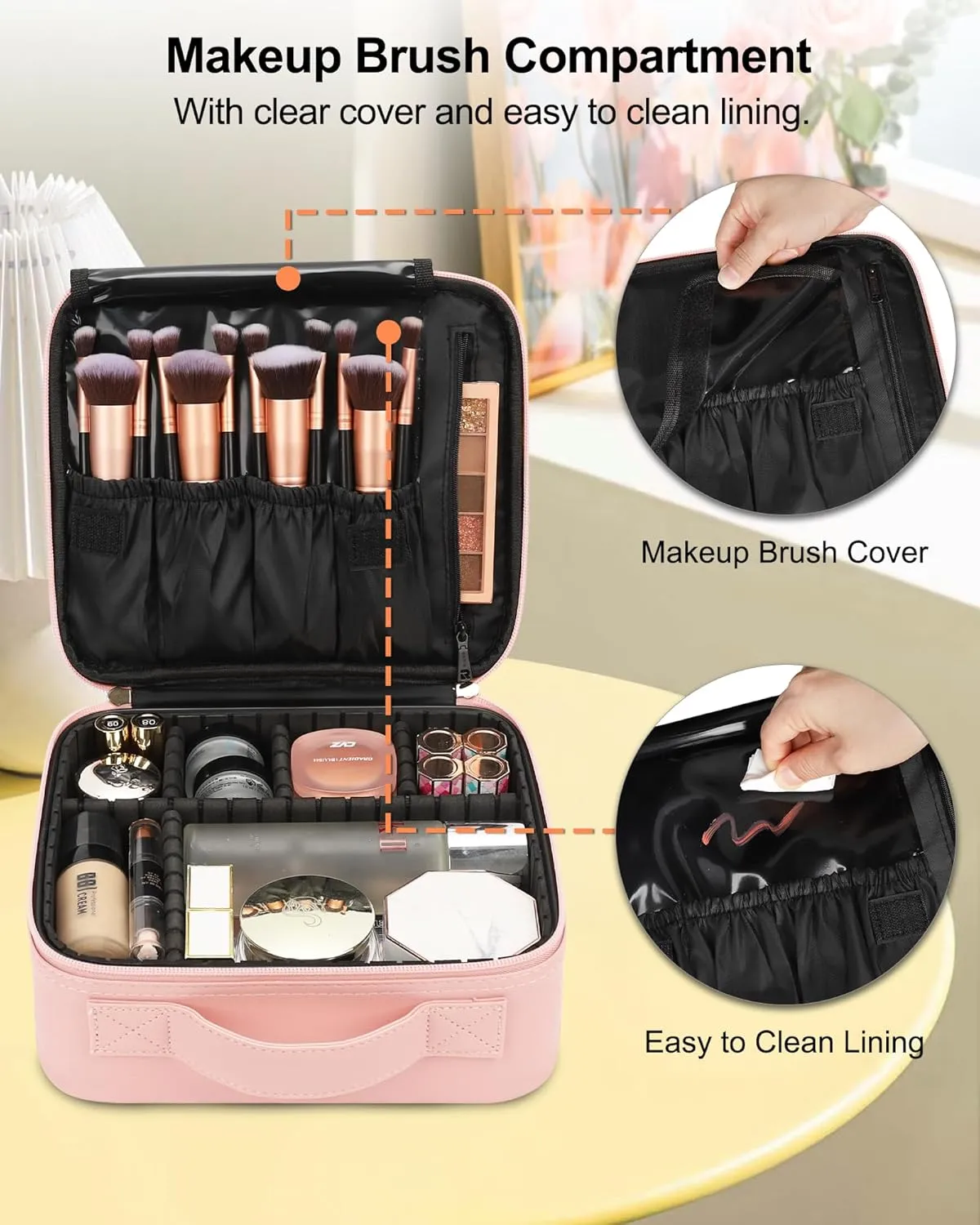 Relavel Travel Makeup Train Case Makeup Cosmetic Case Organizer Portable Artist Storage Bag with Adjustable Dividers for Cosmetics Makeup Brushes Toiletry Jewelry Digital Accessories (Pink)
