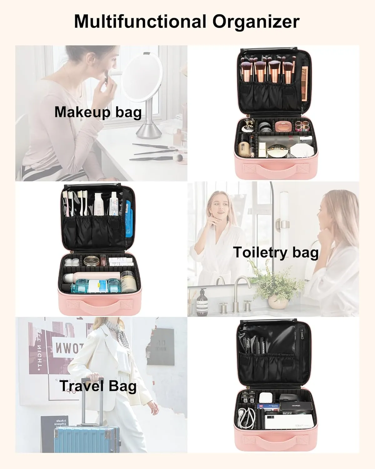 Relavel Travel Makeup Train Case Makeup Cosmetic Case Organizer Portable Artist Storage Bag with Adjustable Dividers for Cosmetics Makeup Brushes Toiletry Jewelry Digital Accessories (Pink)