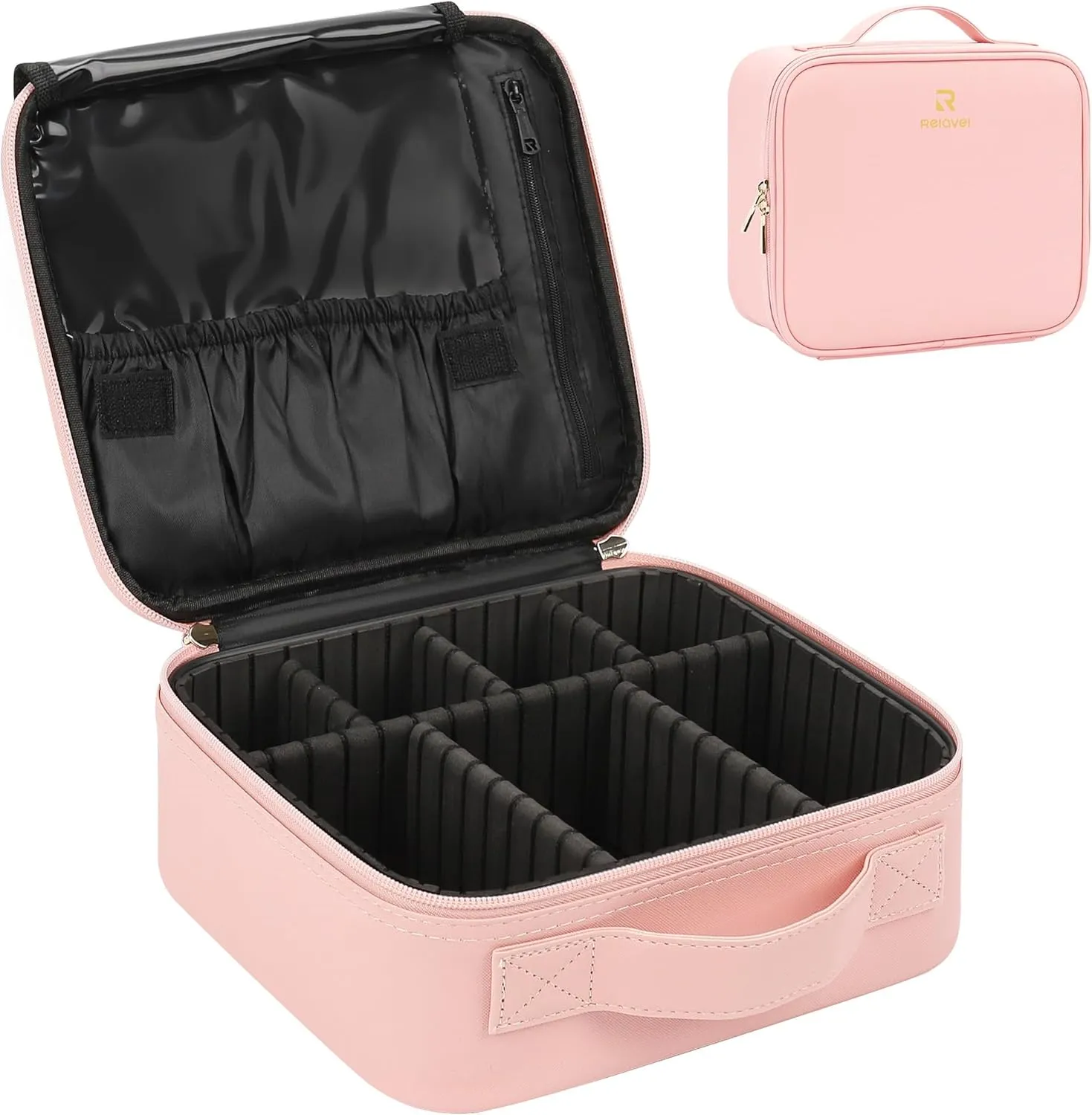 Relavel Travel Makeup Train Case Makeup Cosmetic Case Organizer Portable Artist Storage Bag with Adjustable Dividers for Cosmetics Makeup Brushes Toiletry Jewelry Digital Accessories (Pink)