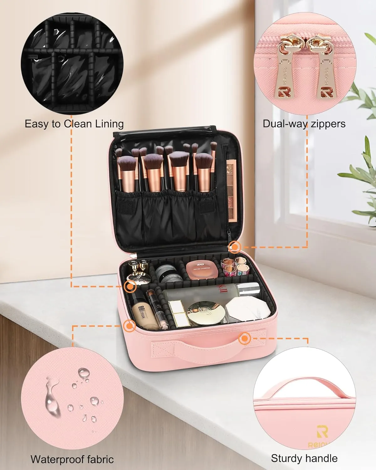 Relavel Travel Makeup Train Case Makeup Cosmetic Case Organizer Portable Artist Storage Bag with Adjustable Dividers for Cosmetics Makeup Brushes Toiletry Jewelry Digital Accessories (Pink)